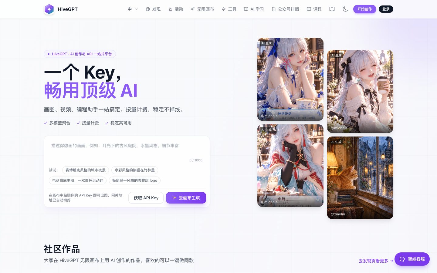 首页：主视觉、提示词输入框直达画布、社区作品墙、右下角智能客服