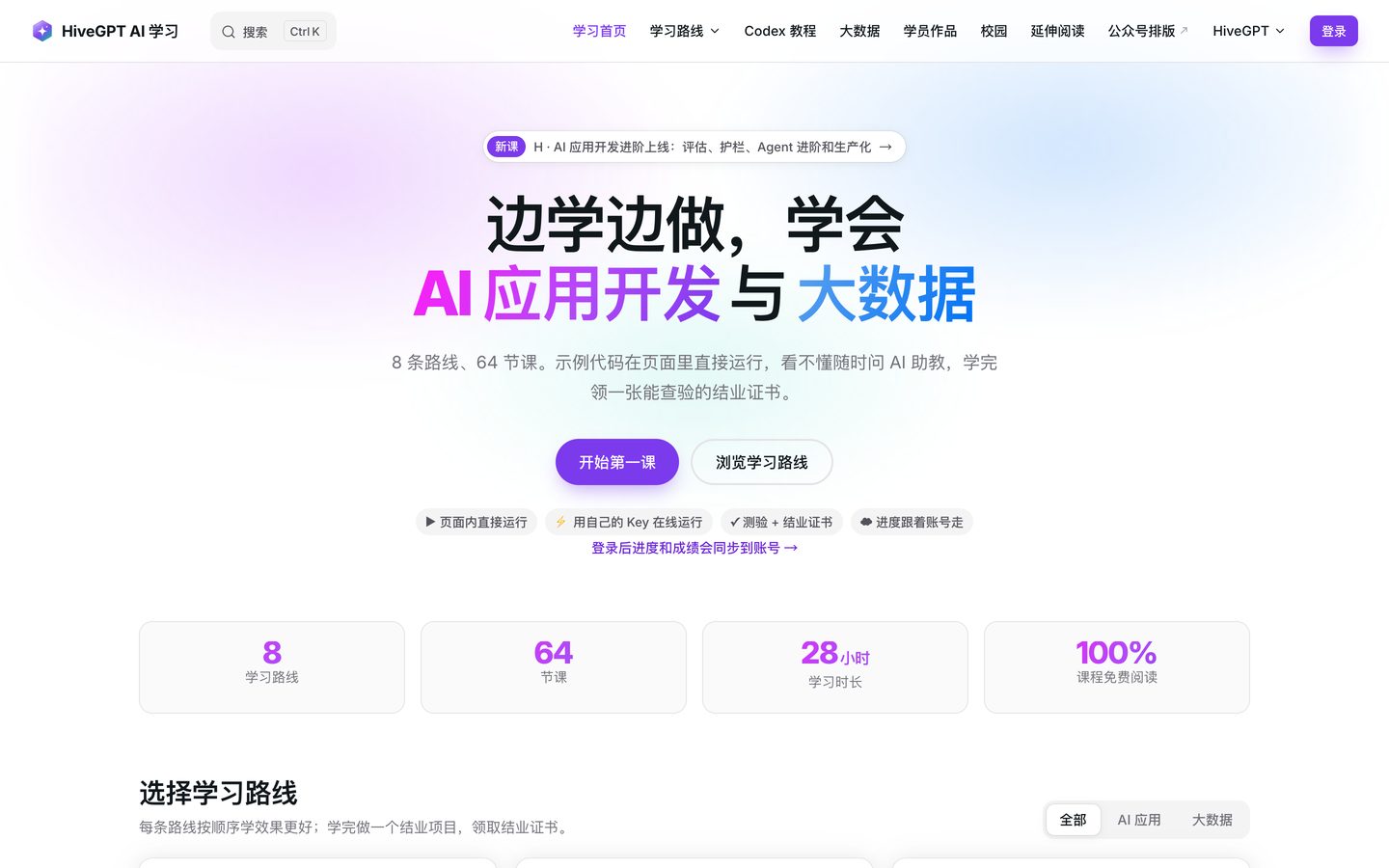 AI 学习站 /learn：5 条路线、64 节课，示例可在线运行